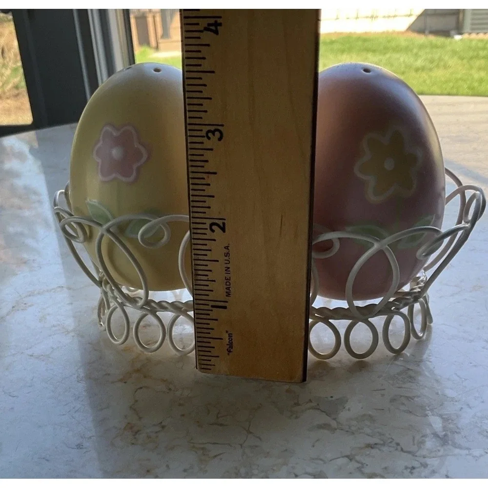 Easter Egg Salt & Pepper Shakers Pink & Yellow Flowers on Front In Wire Basket